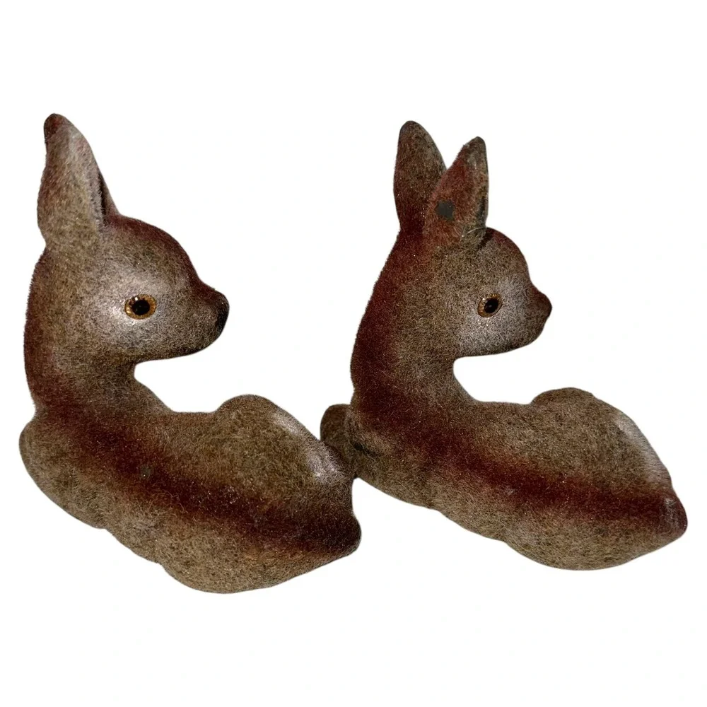 Lot 2 Vintage‎ Deer Fawn Velvet Flocked Figurines Figures Hong Kong